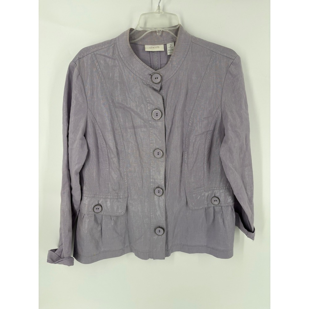 Chicos Linen Blend Cropped Jacket Lavender‎ Button Front Collarless Size 2